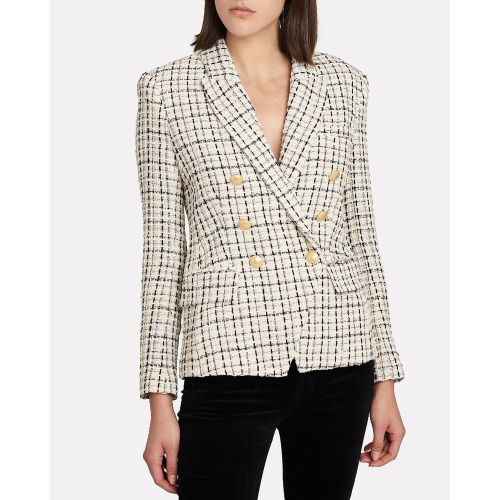 L'AGENCE Kenzie Double Breasted Tweed Blazer in Ivory Multi - Picture 1 of 12